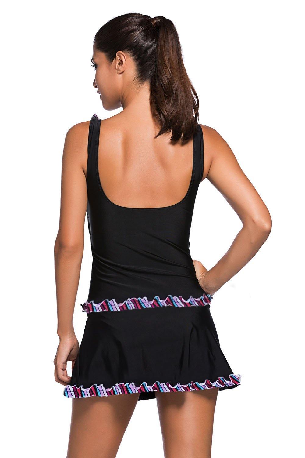 Ruffle Trim Black Active Tank Top and Skort Swimsuit - L & M Kee, LLC