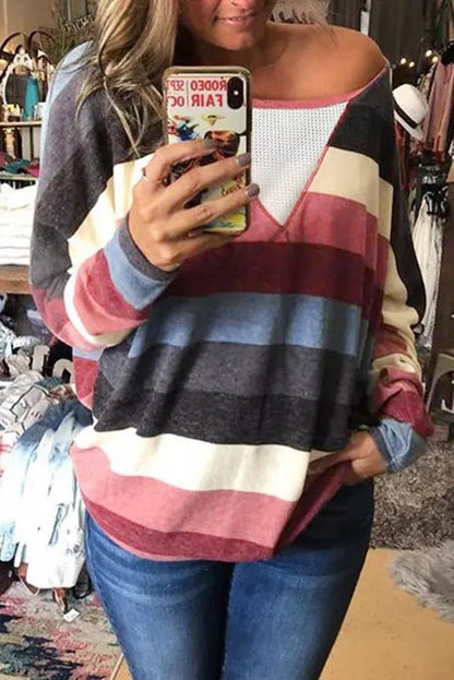 Multicolor Striped Mesh Splicing Round Neck Long Sleeve Top - L & M Kee, LLC