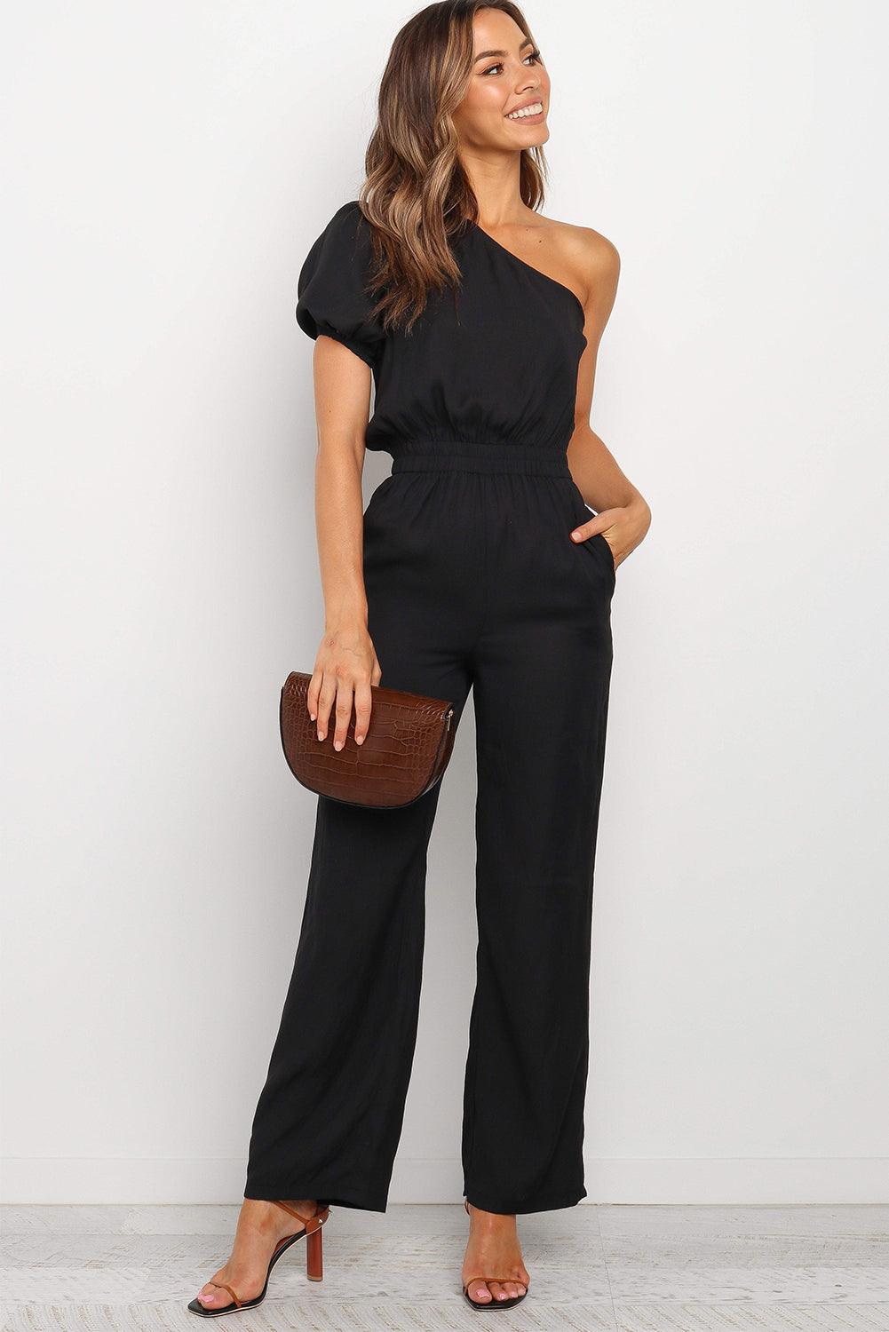 One Shoulder Puff Sleeve Elastic High Waist Jumpsuit - L & M Kee, LLC