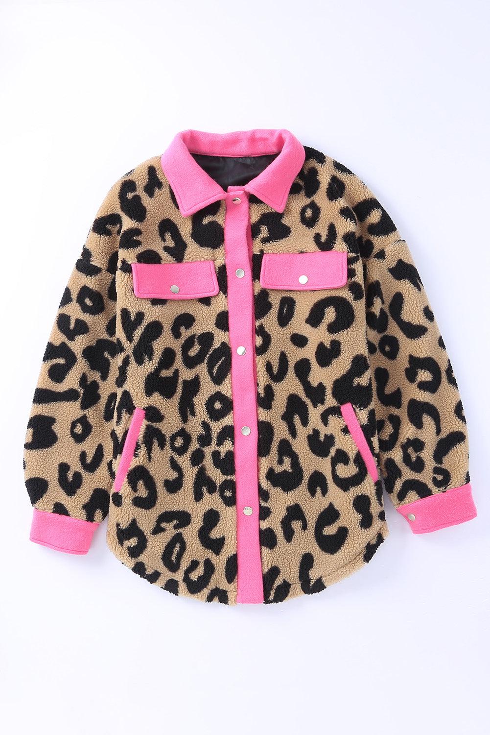 Contrast Trimmed Leopard Teddy Shacket - L & M Kee, LLC