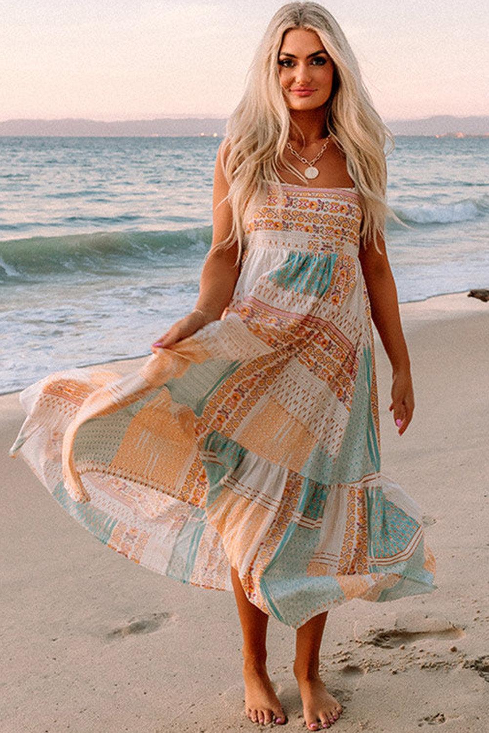 Multicolor Boho Patchwork Print Square Neck Sundress - L & M Kee, LLC