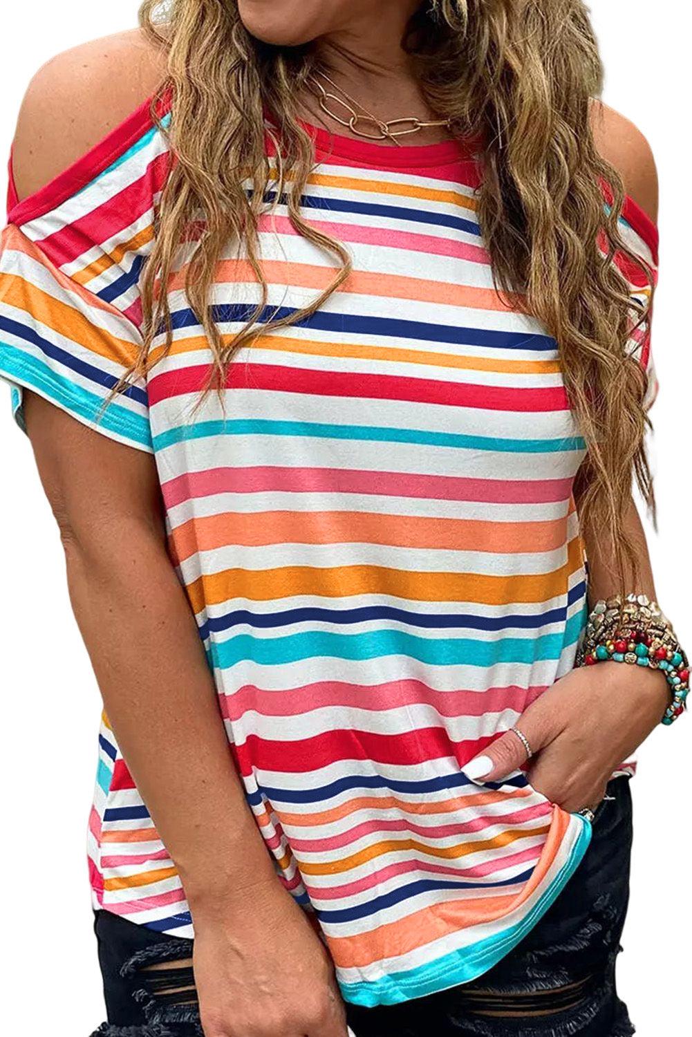 Striped Print Cold Shoulder Relaxed Top - L & M Kee, LLC