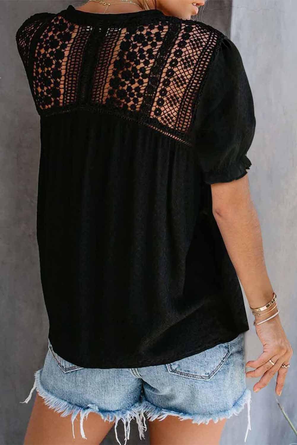V Neck Lace Crochet Short Sleeve Shirt - L & M Kee, LLC