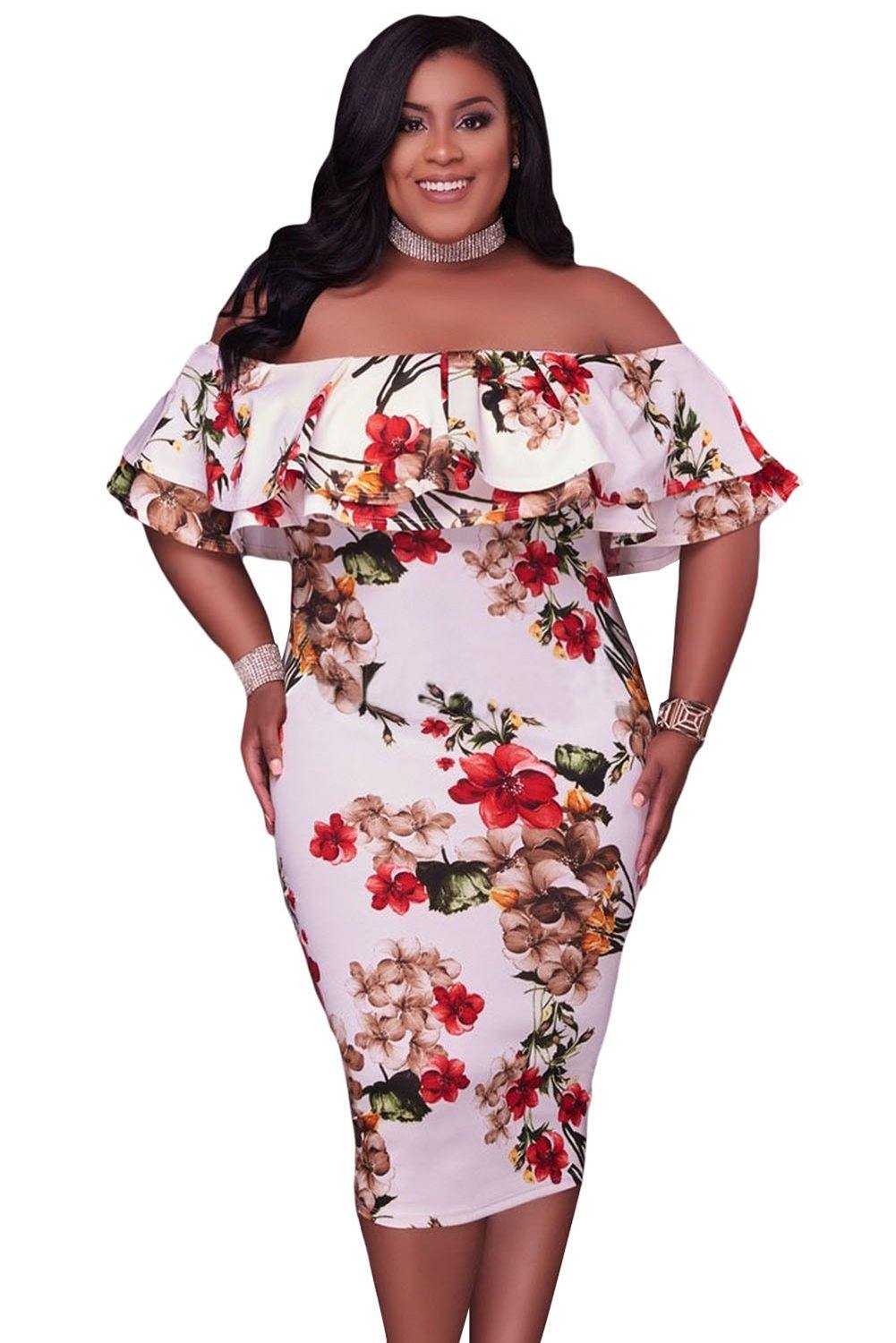 Off Shoulder Floral Plus Size Midi Dress - L & M Kee, LLC
