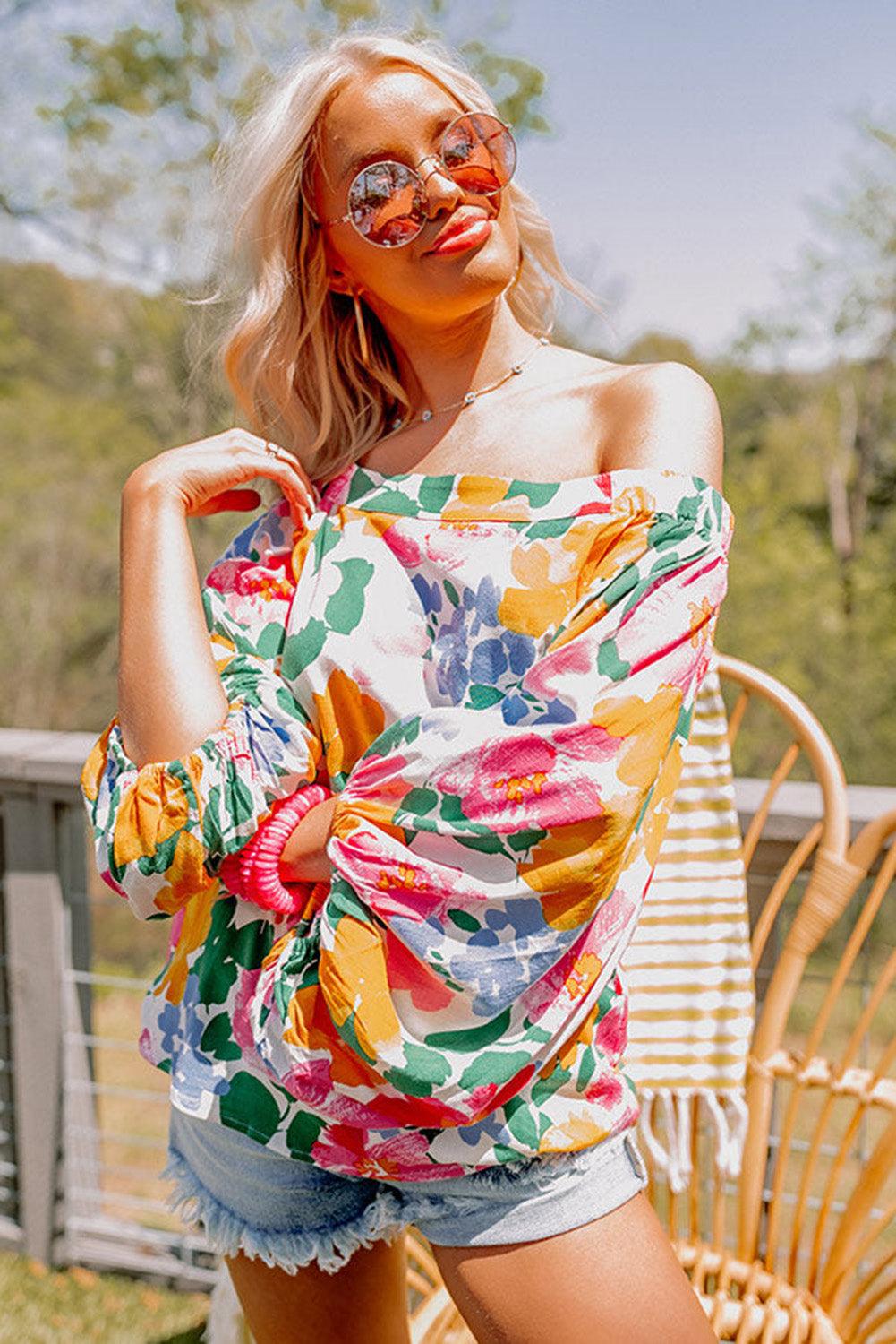 Water Painting Flowers Sexy Off Shoulder Top - L & M Kee, LLC