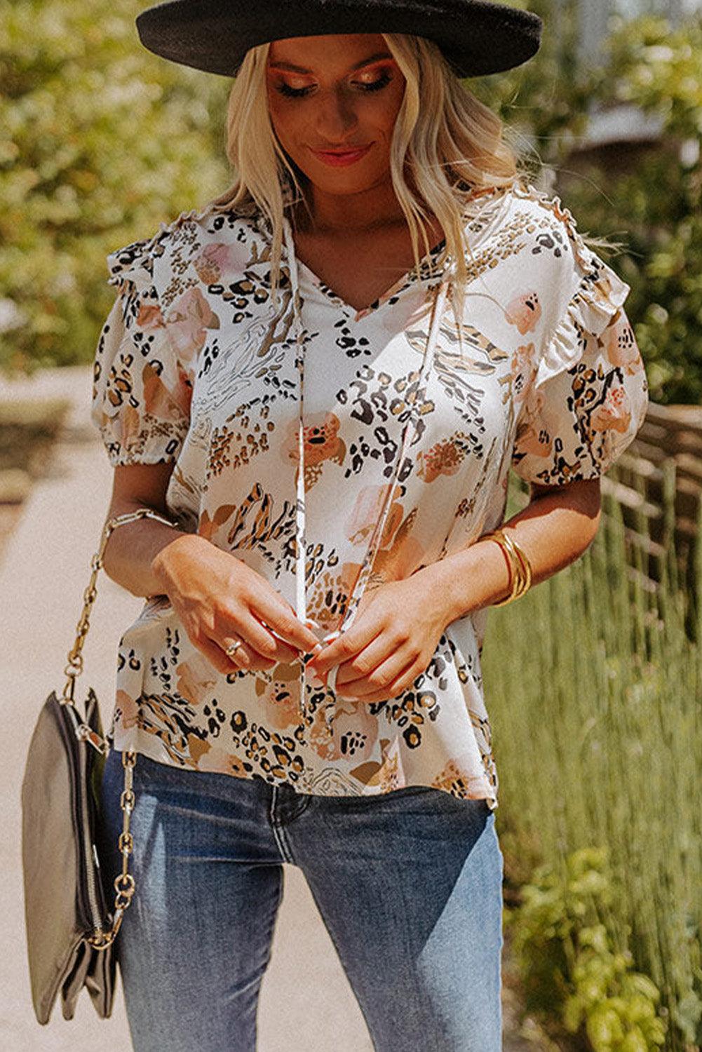 Leopard Floral Print Split Neck Puff Sleeve Blouse - L & M Kee, LLC