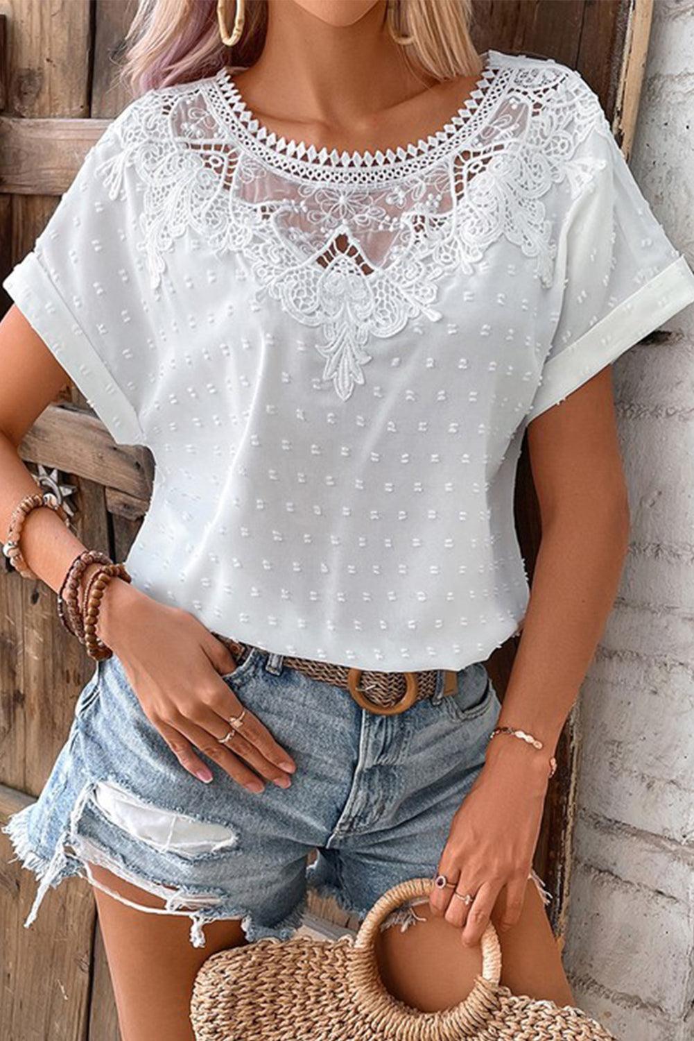 Lace Swiss Dot Cuffed Sleeves Top - L & M Kee, LLC