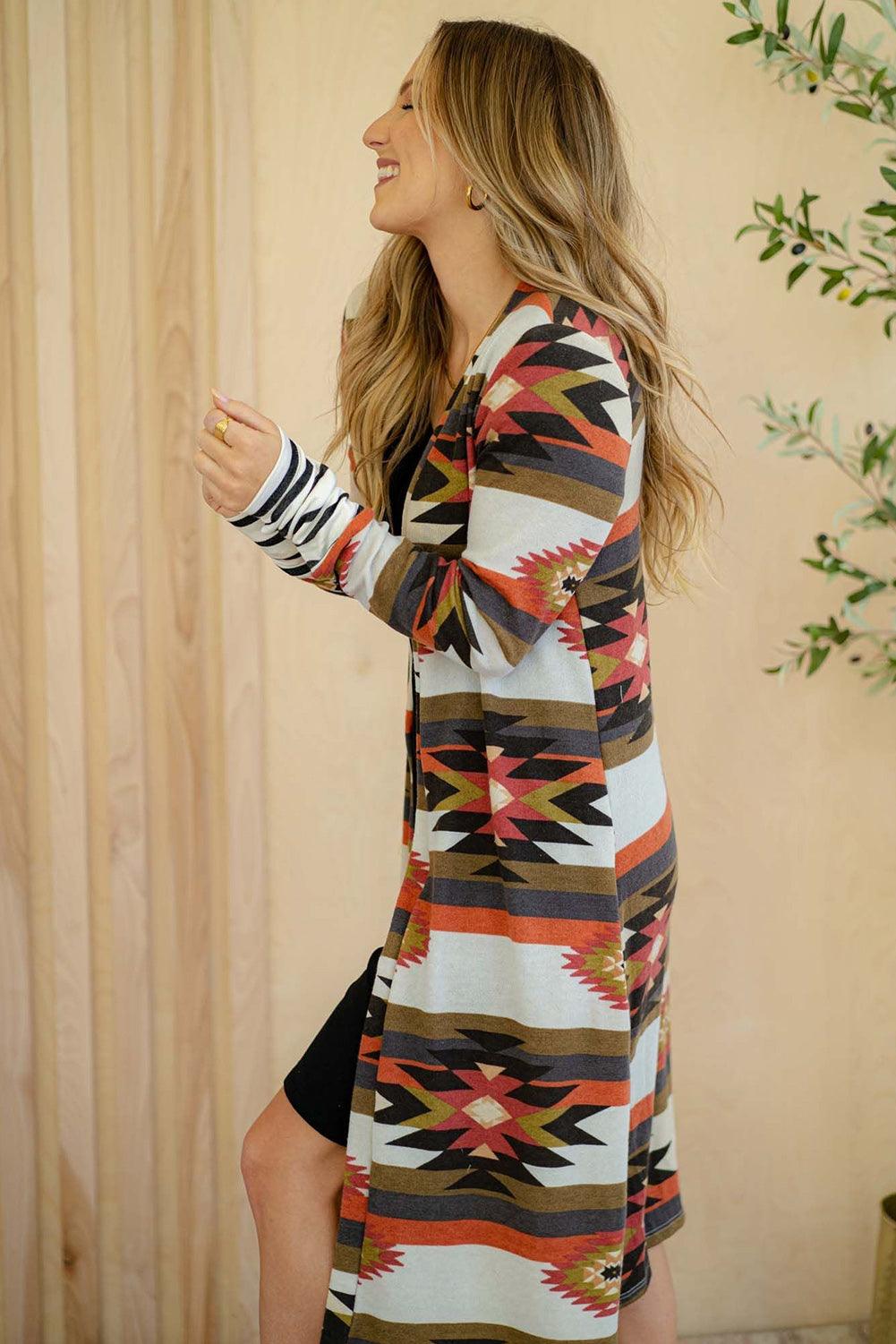 Multicolor Geometric Color Block Open Front Long Cardigan - L & M Kee, LLC