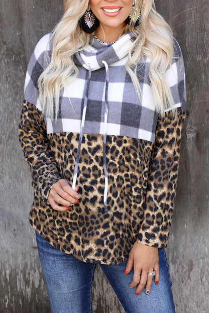 Leopard Plaid Patchwork Cowl Neck Sweatshirt - L & M Kee, LLC