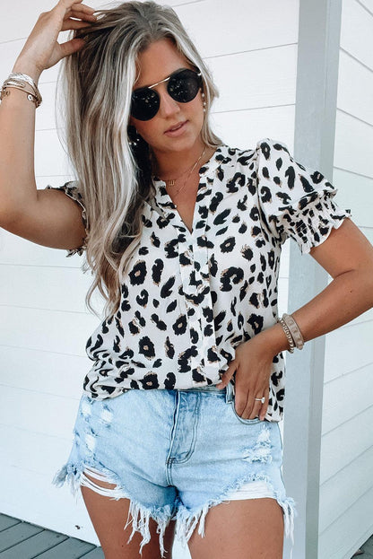 Leopard Notch Neck Bubble Sleeve Blouse - L & M Kee, LLC