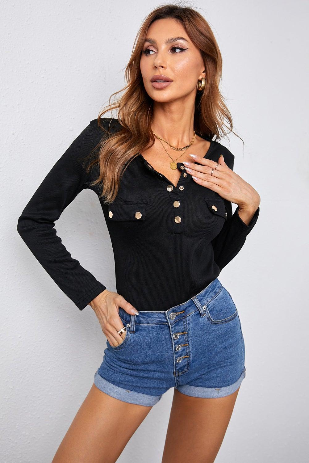 Ribbed Front Button Mock Pockets Long Sleeve Top - L & M Kee, LLC