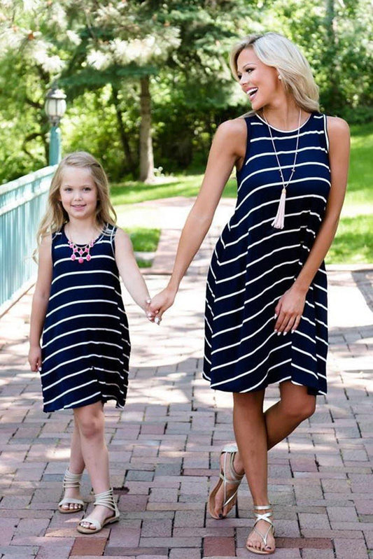 Daughter and Me Family Matching Navy Striped Sleeveless Mini Dress - L & M Kee, LLC