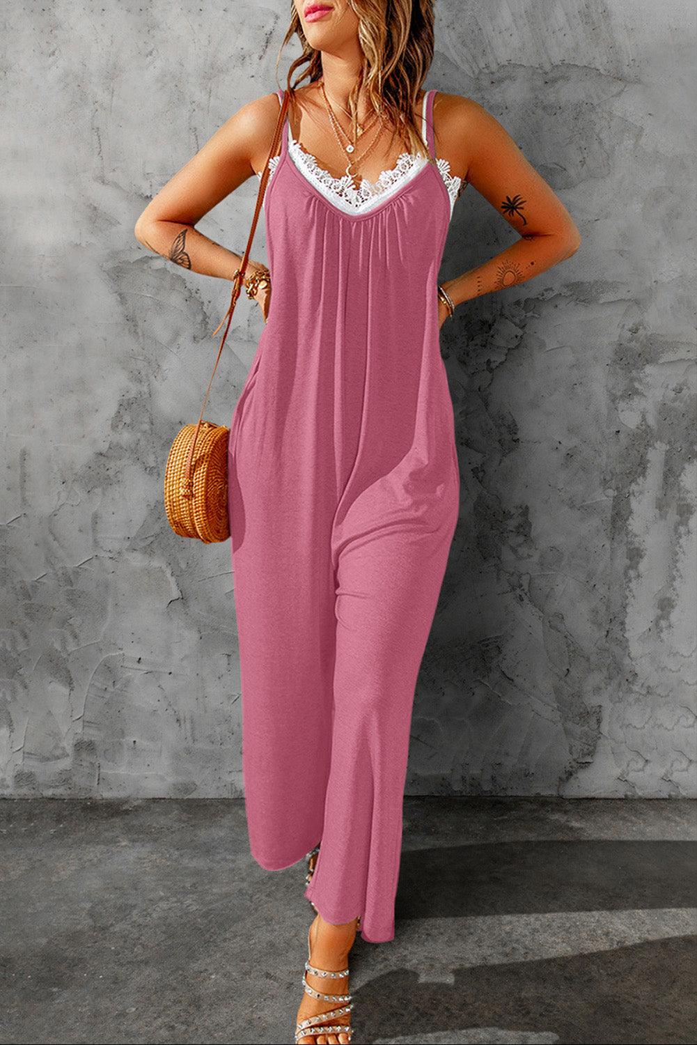 Spaghetti Straps Wide Leg Pocketed Jumpsuits - L & M Kee, LLC