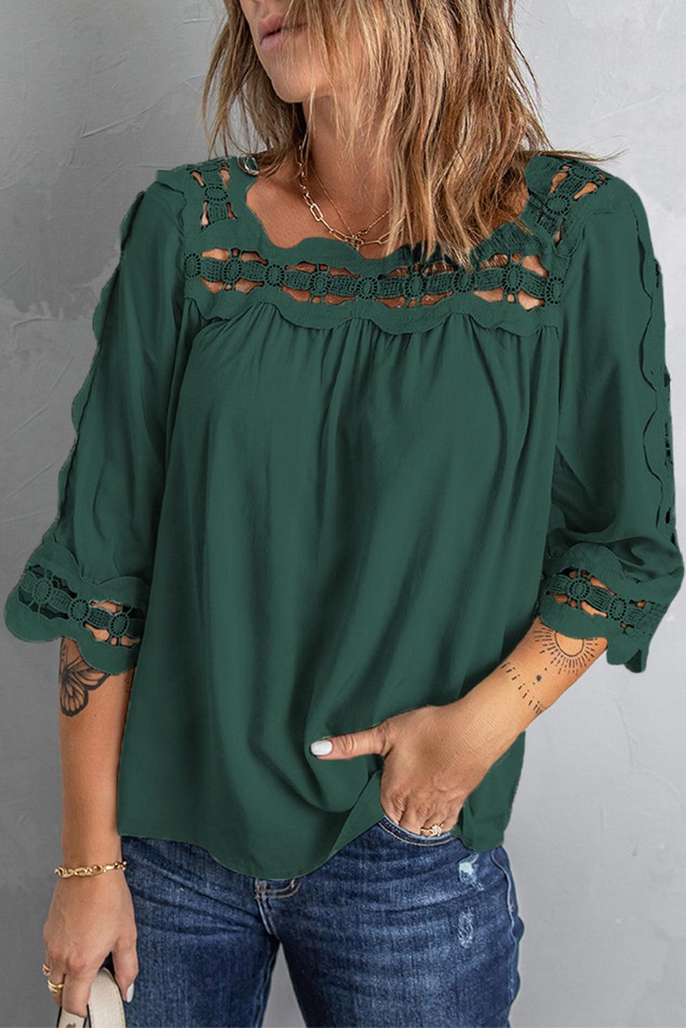 Green Drak Green Crochet Trim Hollow-out Blouse - L & M Kee, LLC