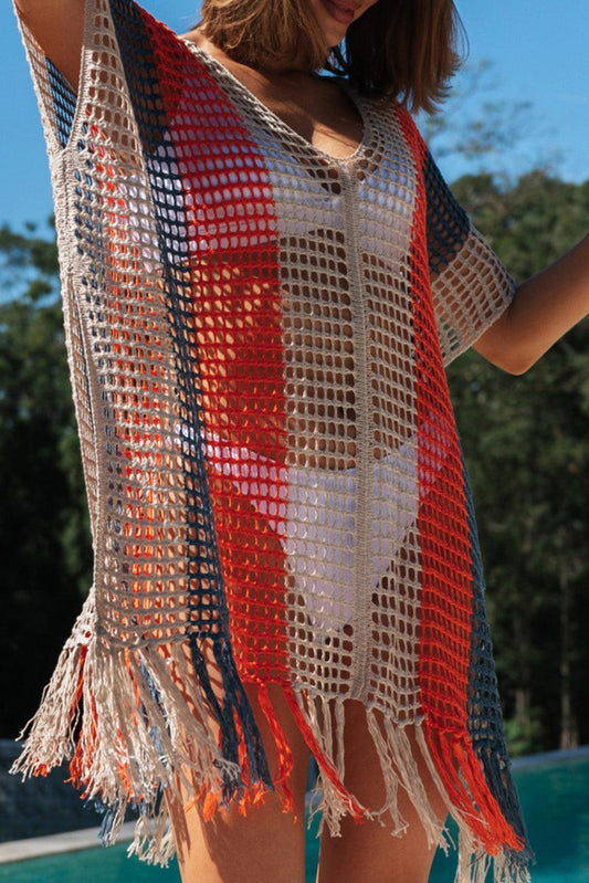 Multicolor Striped Tassel Crochet V Neck Beach Cover Up - L & M Kee, LLC