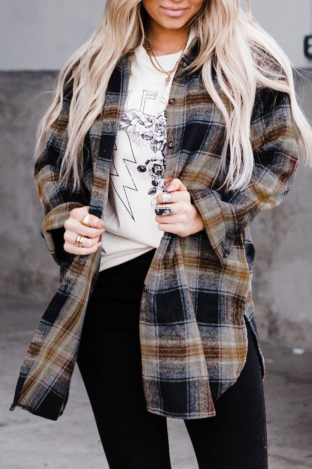 Oversize Rounded Hem Plaid Shirt with Slits - L & M Kee, LLC