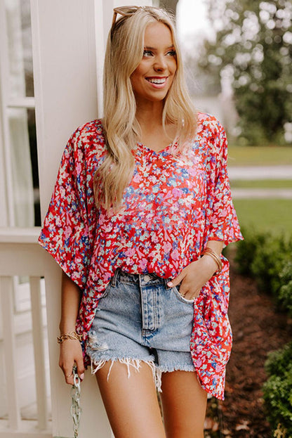 Abstract Floral Print Oversize Tunic Top
