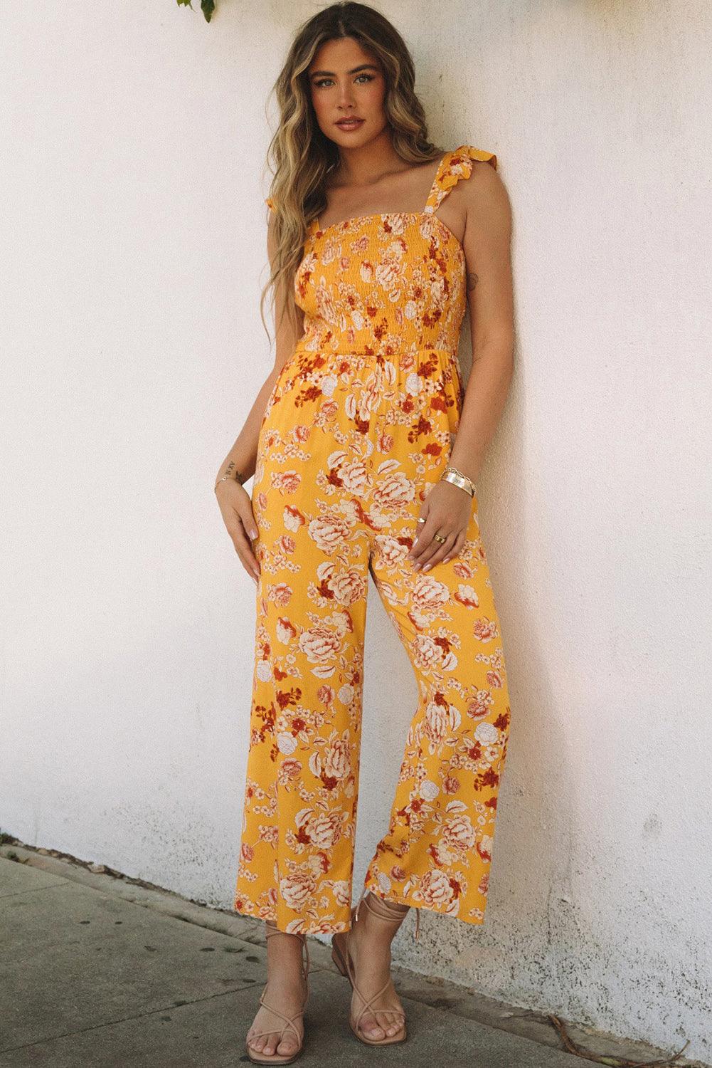 Floral Print Ruffle Shoulder Smocked Wide Leg Jumpsuit - L & M Kee, LLC