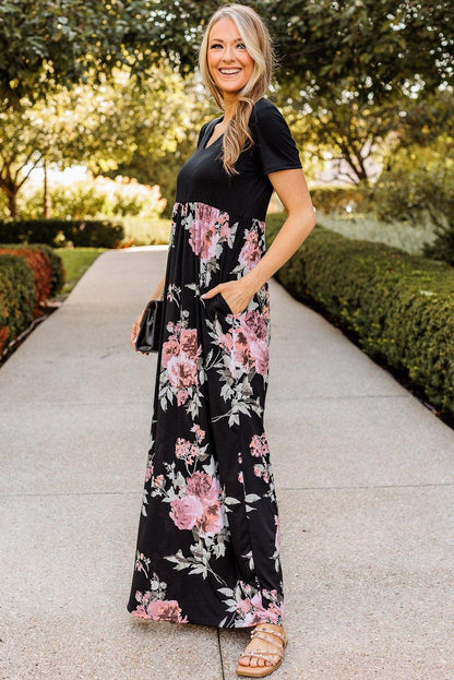 Contrast Floral Empire Waist Maxi Dress - L & M Kee, LLC