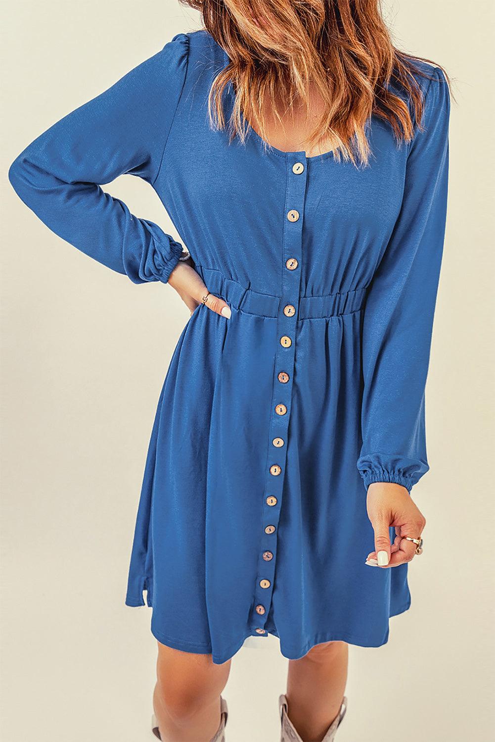 Button Up High Waist Long Sleeve Dress - L & M Kee, LLC