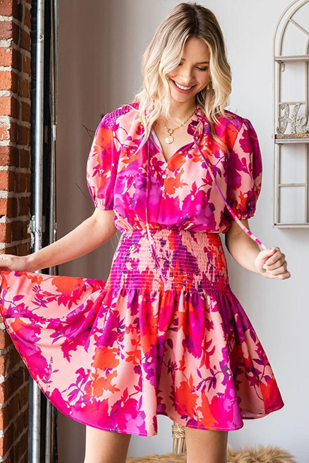 Floral Smocked Waist Bubble Sleeve Flare Dress