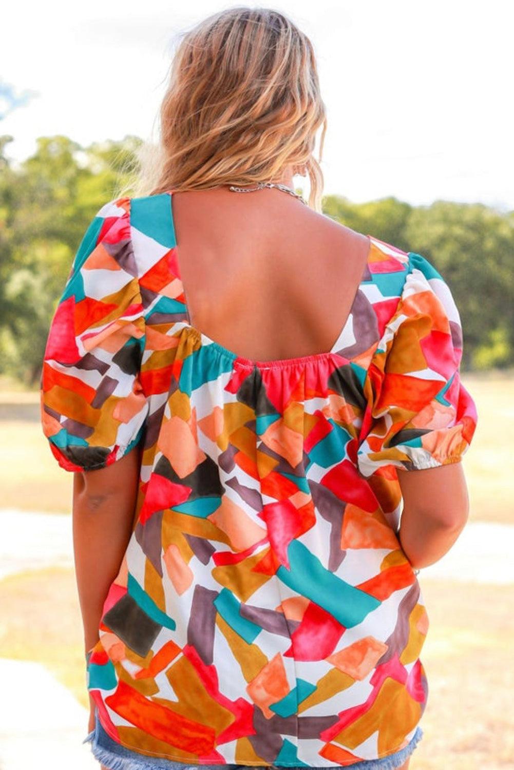 Multicolor Square Neck Abstract Print Short Sleeve Blouse - L & M Kee, LLC