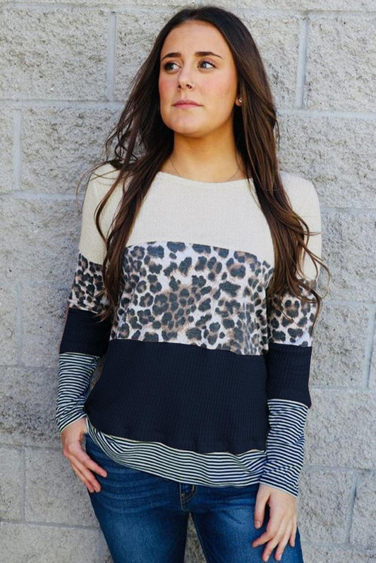 Stripes Leopard Splicing Colorblock Long Sleeve Top - L & M Kee, LLC