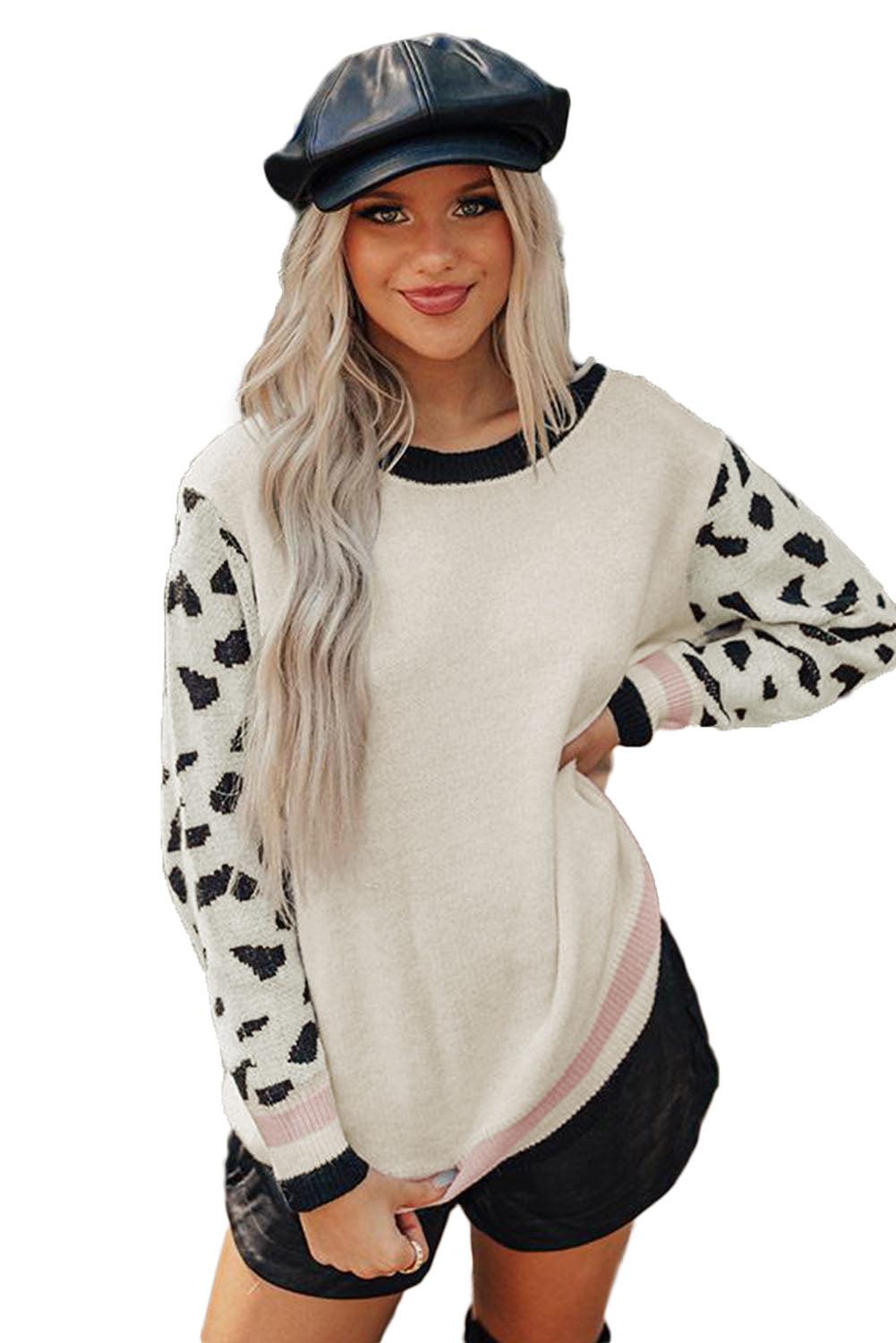 Leopard Sleeves Contrast Neckline Drop Shoulder Sweater - L & M Kee, LLC