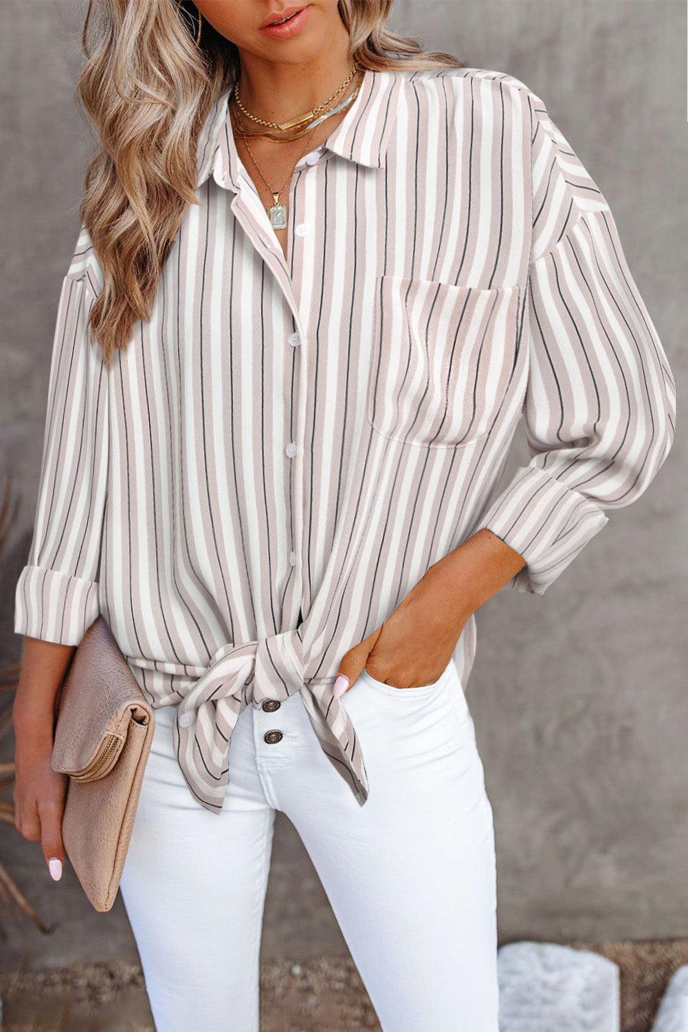 Striped Buttons Closure Long Sleeve Shirt - L & M Kee, LLC