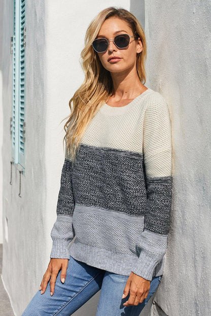 Gray Color Block Netted Texture Pullover Sweater - L & M Kee, LLC