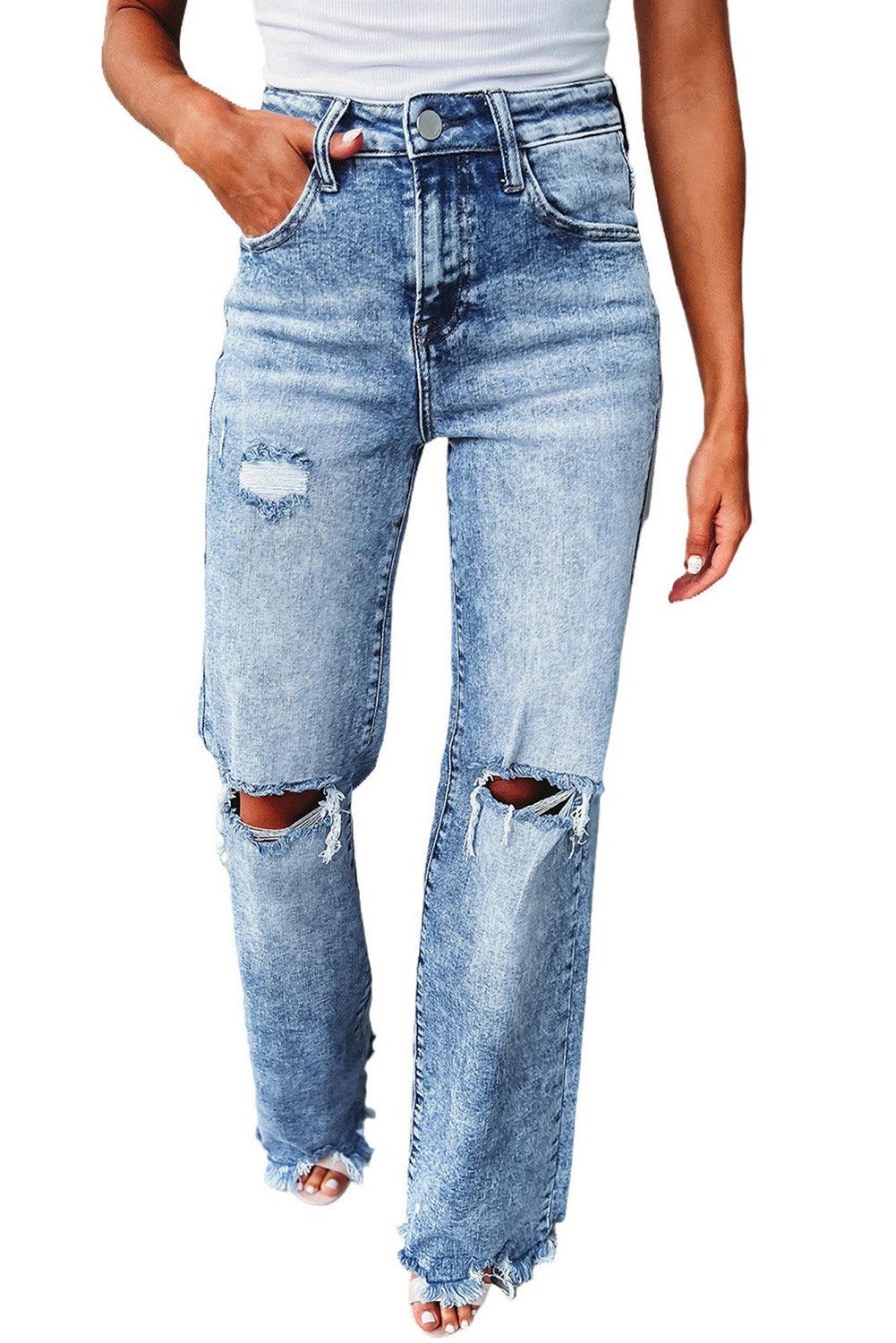 Washed Ripped Wide Leg High Waist Jeans - L & M Kee, LLC