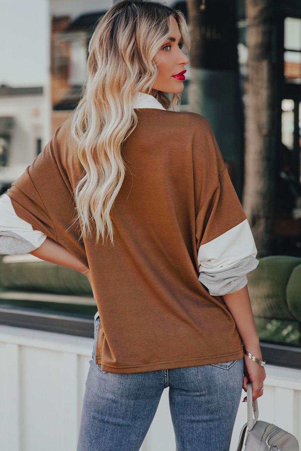 Turn-down Collar Colorblock Pullover Sweatshirt - L & M Kee, LLC