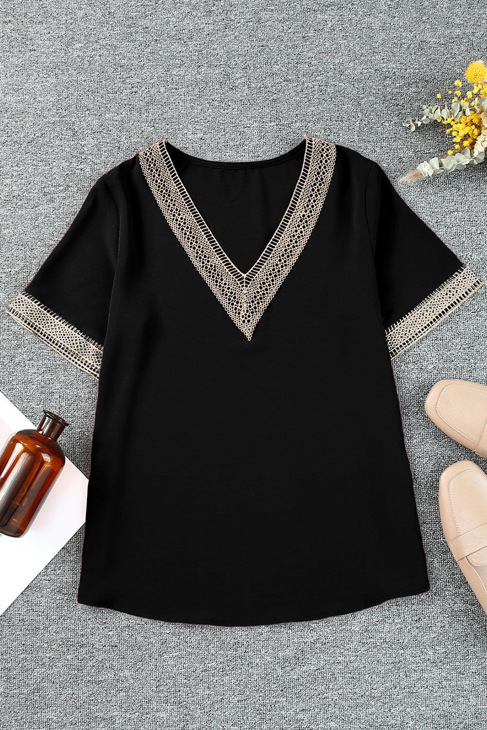 Lace Trim V Neck Short Sleeve Blouse - L & M Kee, LLC