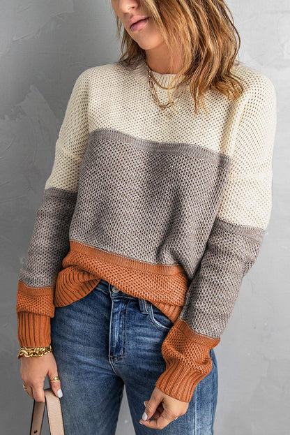 Gray Color Block Netted Texture Pullover Sweater - L & M Kee, LLC