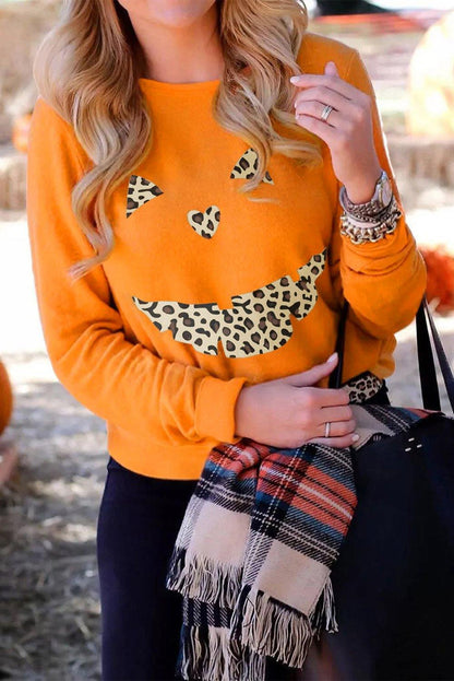 Halloween Leopard Pumpkin Print Pullover Sweatshirt - L & M Kee, LLC