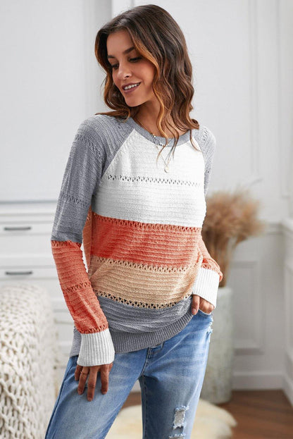 Multi-color Knitted Color Block Long Sleeve Crew Neck Sweater - L & M Kee, LLC