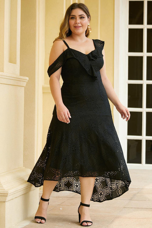 Asymmetric Ruffle Shoulder Design Plus Size Lace Dress - L & M Kee, LLC