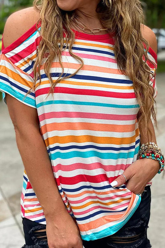 Striped Print Cold Shoulder Relaxed Top - L & M Kee, LLC