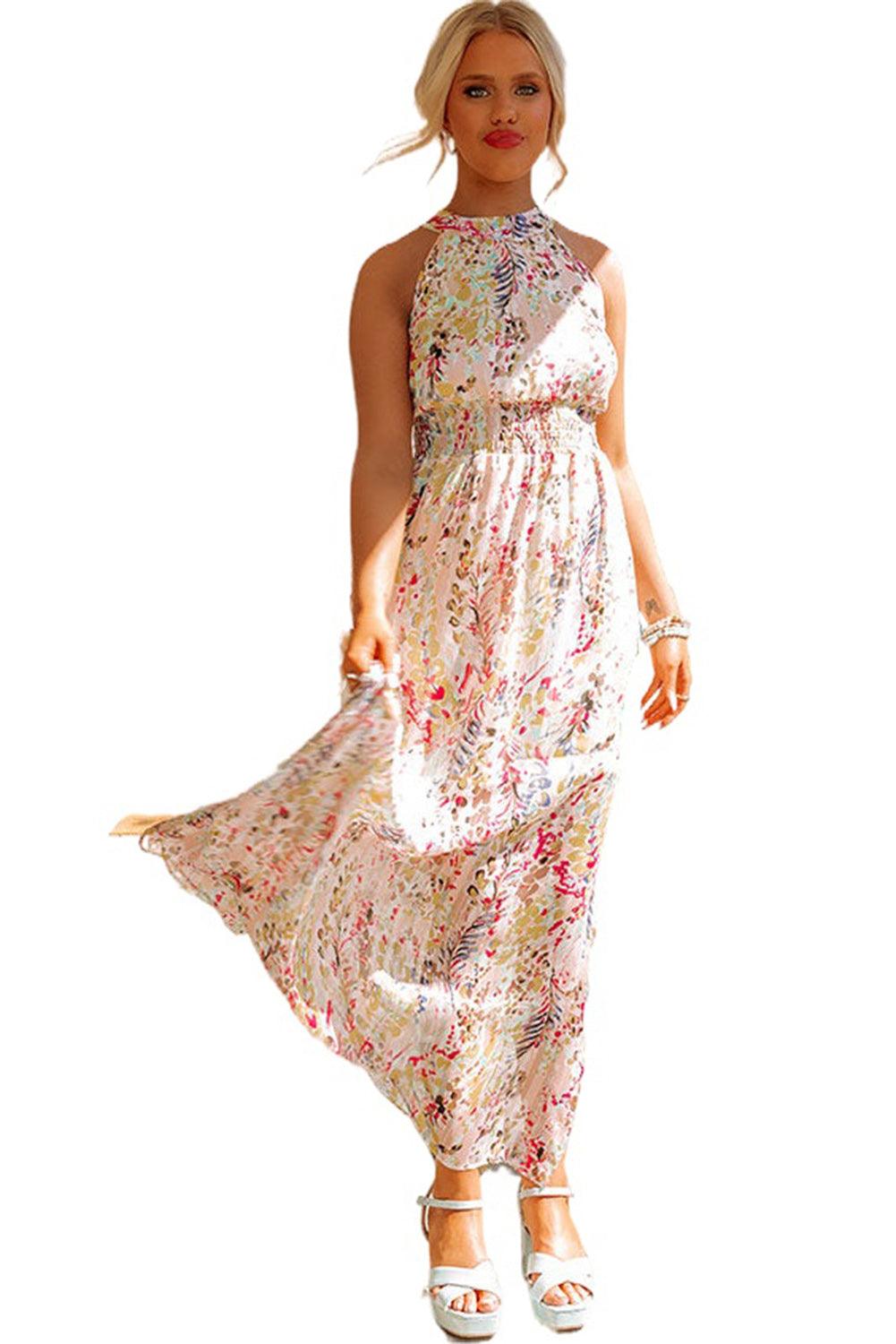 Multicolor Crisscross Backless Long Floral Dress - L & M Kee, LLC