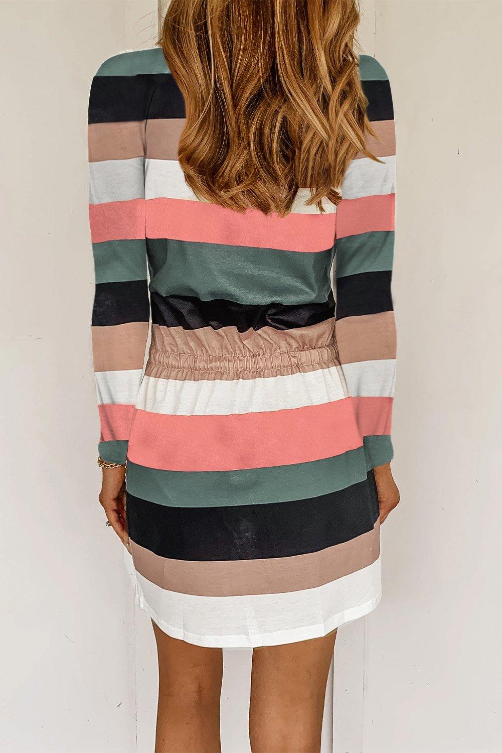 Stripe Print Colorblock Tie Waist Dress with Pocket - L & M Kee, LLC