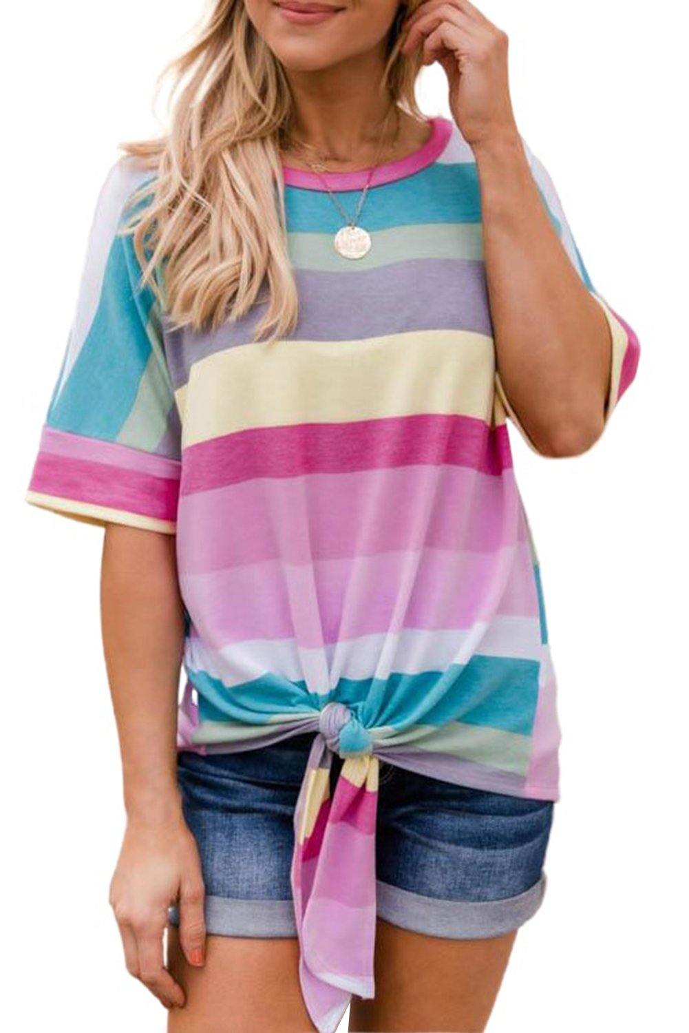 Multicolor Striped Short Sleeve Top with Knot - L & M Kee, LLC