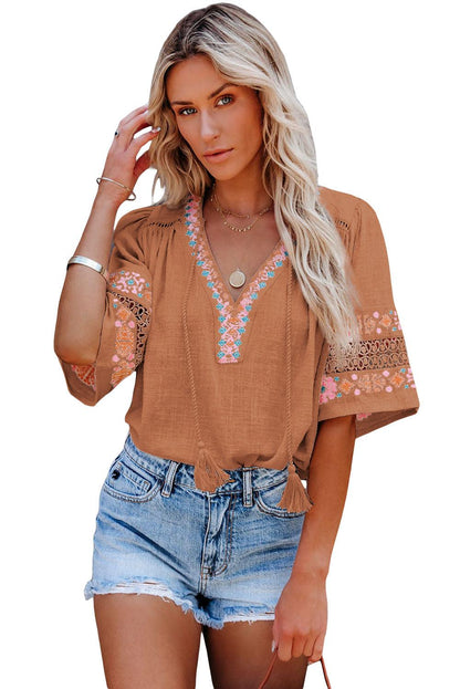 Beige Tassel Drawstring Embroidered Half Sleeve V Neck Top - L & M Kee, LLC