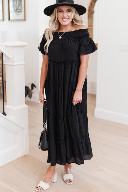 Plus Size Smocked Off Shoulder Frill Tiered Maxi Dress