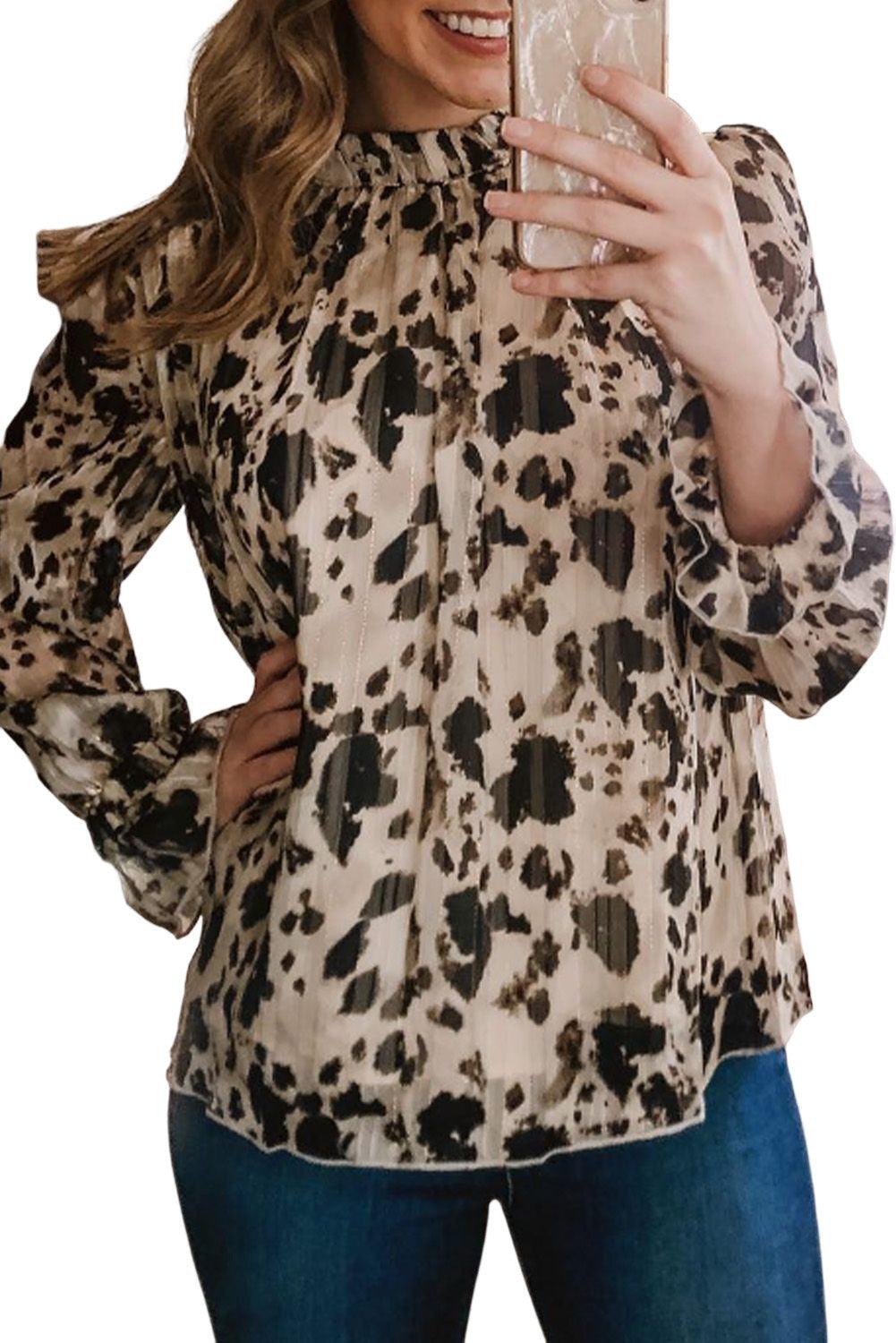 Frilled Neck Printed Bubble Sleeves Blouse - L & M Kee, LLC