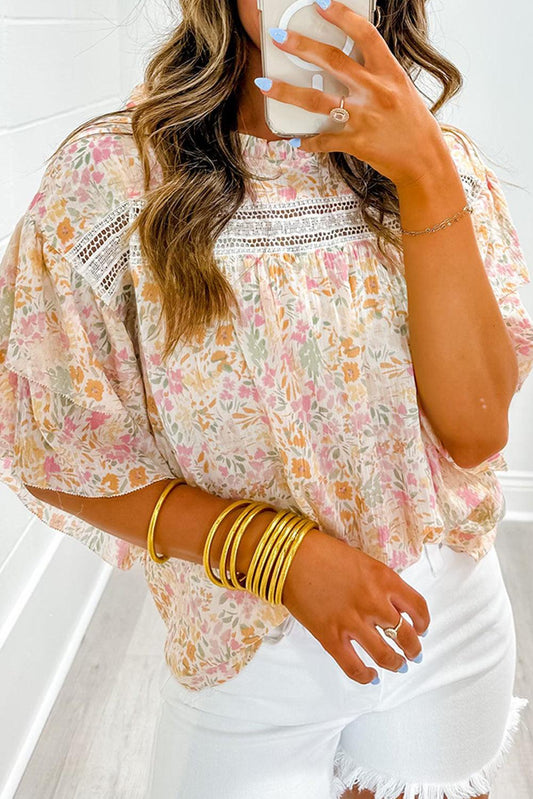 Multicolor Floral Print Wide Ruffle Sleeves Blouse - L & M Kee, LLC