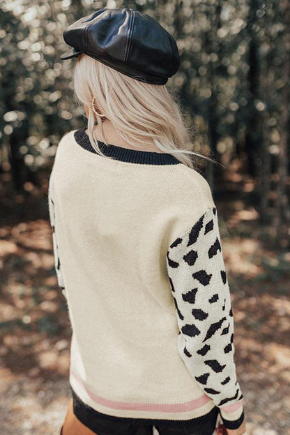 Leopard Sleeves Contrast Neckline Drop Shoulder Sweater - L & M Kee, LLC