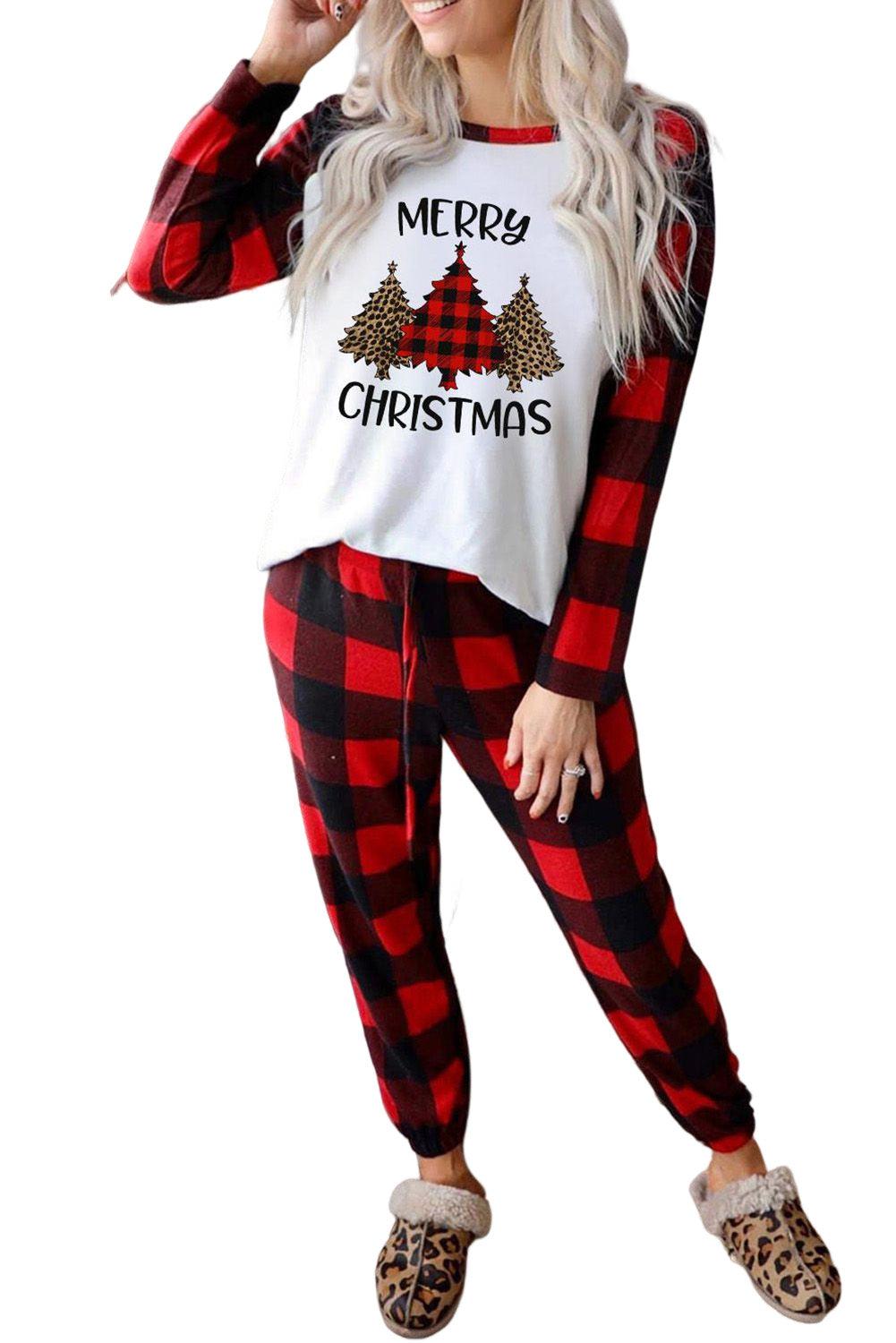 Christmas Pattern Plaid Color Block Two Piece Lounge Set - L & M Kee, LLC