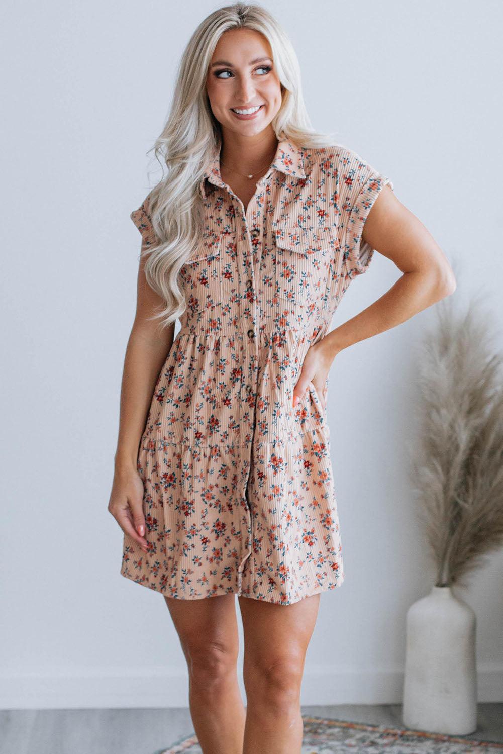 Short Sleeve Flap Pockets Shirt Floral Dress - L & M Kee, LLC