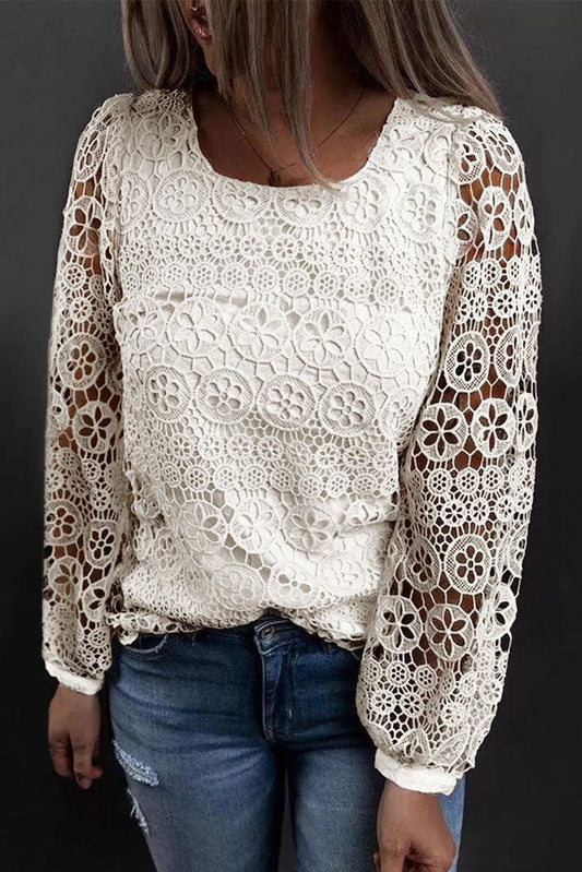 Beige Lace Contrast Hollow-out Long Sleeve Blouse - L & M Kee, LLC