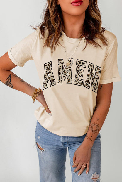 Khaki AMEN Leopard Print Short Sleeve Graphic T Shirt - L & M Kee, LLC